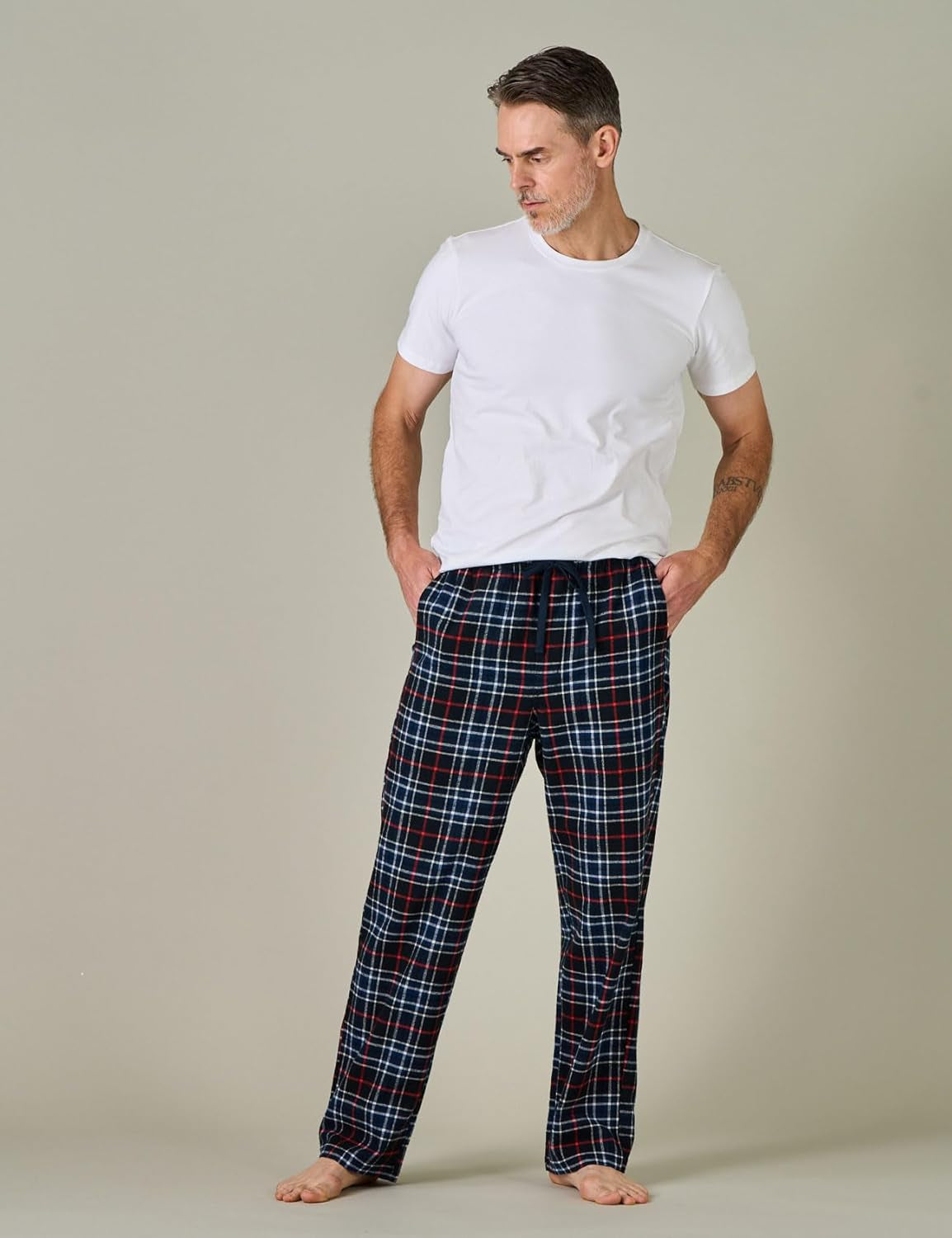 Cozy Up in Style with Our Men's Cotton Flannel Pajama Pants - Navy Blue and Red Plaid with Drawstring and Pockets