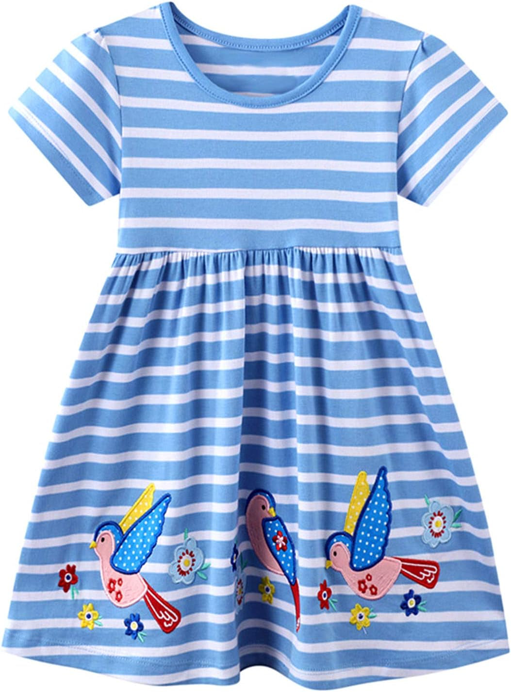 Charming Summer Dress for Little Girls - Blue Stripe with Adorable Bird Appliques, Perfect for Casual Outings!