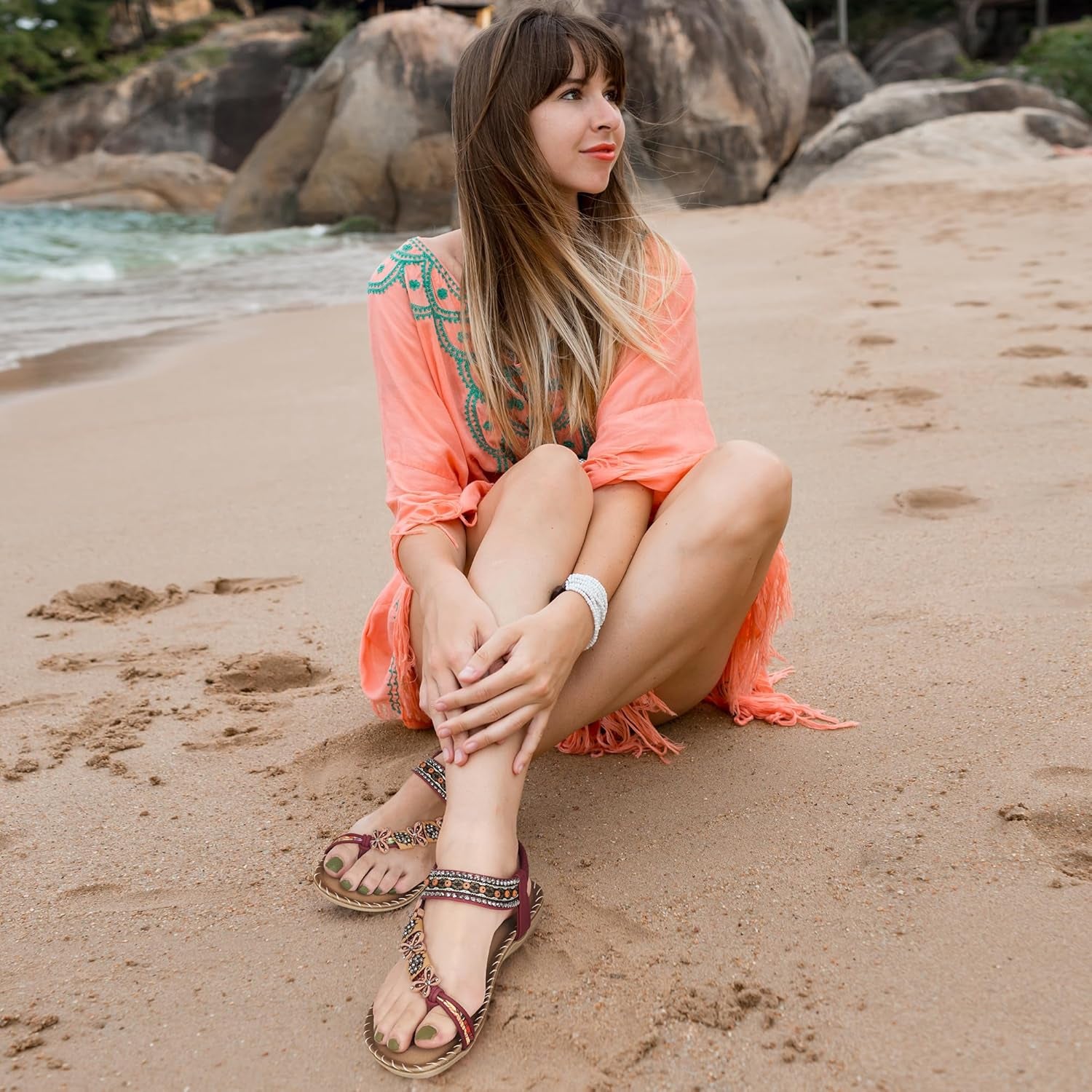 Womens Sandals Flats Shoes: Comfortable Bohemian Beaded Dressy Summer Flat Casual Ankle Strap Elastic Slip on Beach Sandal