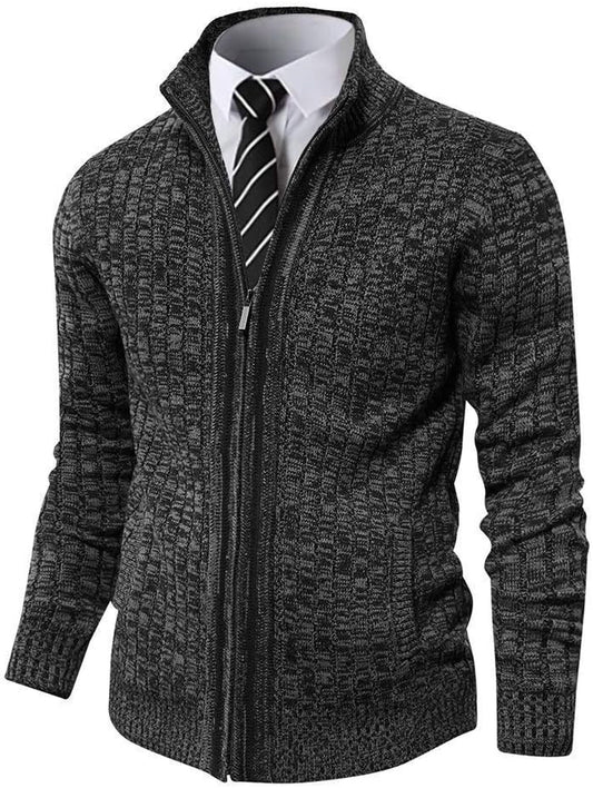 Elevate Your Style with Our Men's Charcoal Heather Cardigan Sweater - Full Zip, Stand Collar, Slim Fit, Perfect for Every Occasion!