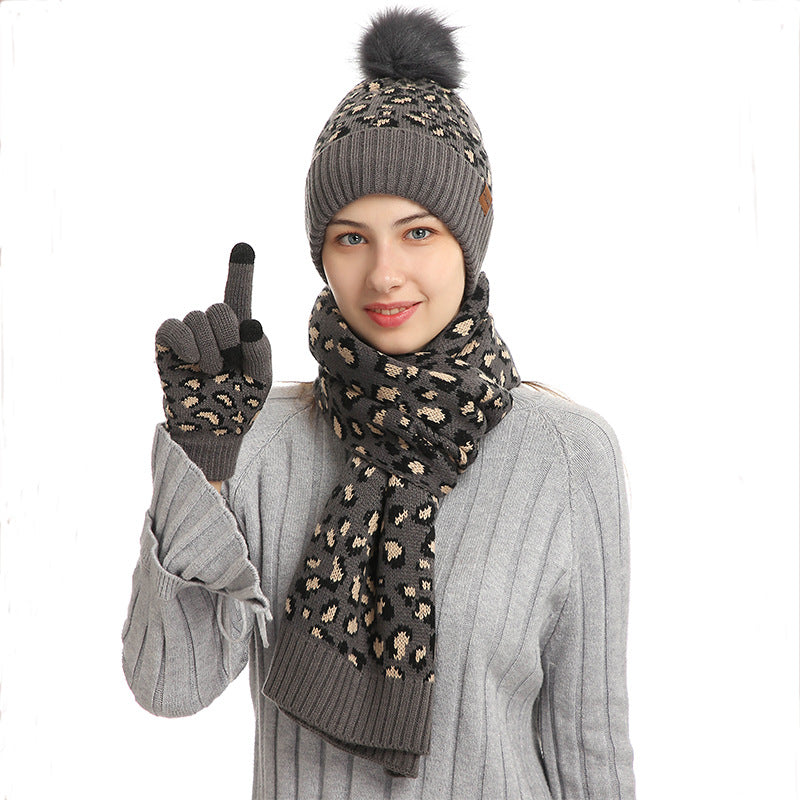 Print Knitted Hat Scarf Gloves Set