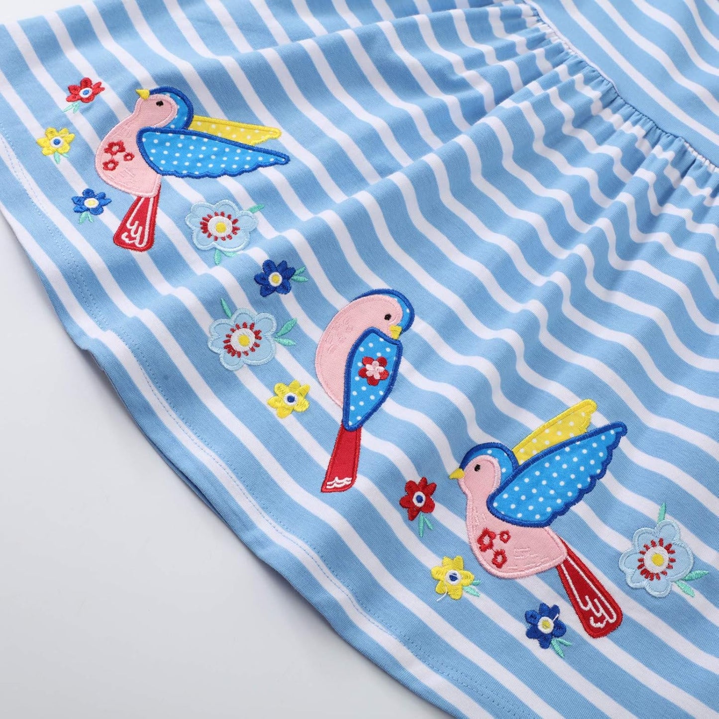 Charming Summer Dress for Little Girls - Blue Stripe with Adorable Bird Appliques, Perfect for Casual Outings!