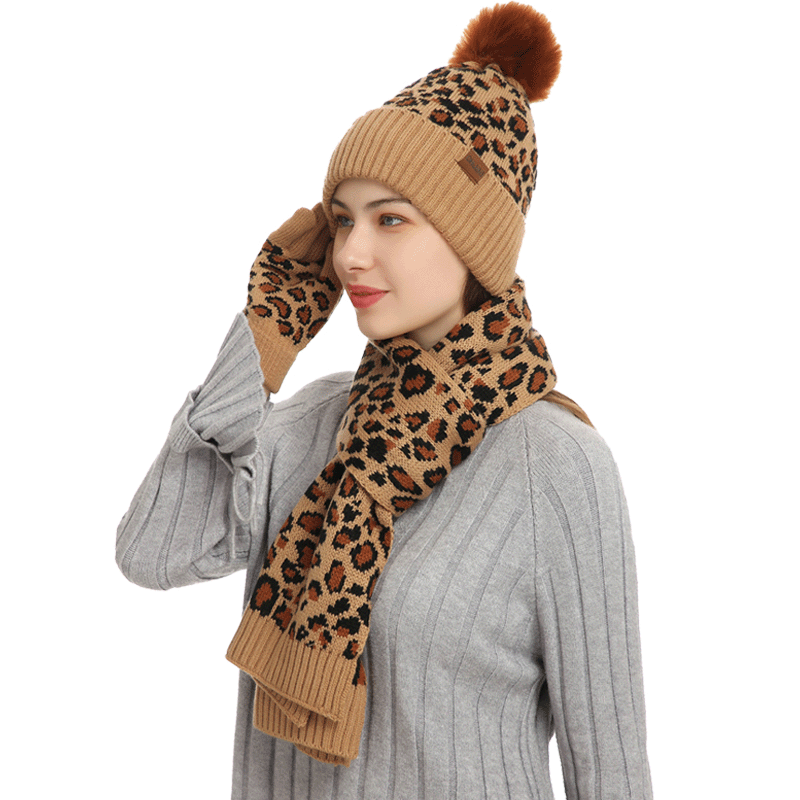 Print Knitted Hat Scarf Gloves Set