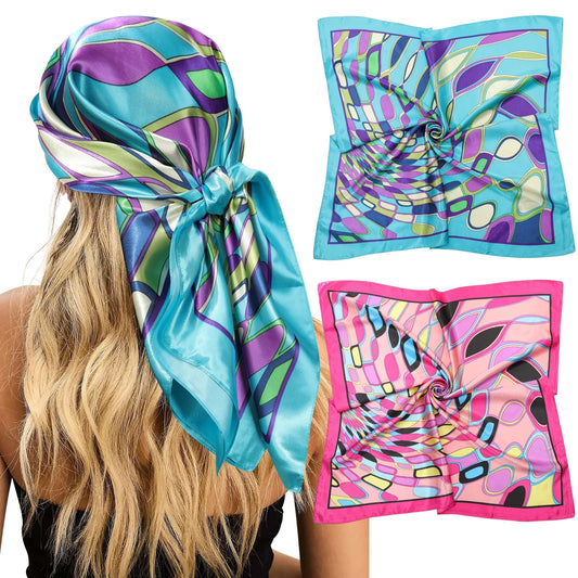 Elegant 35" Satin Square Head Scarves - Set of 2 Silk Floral Hair Bandanas for Women