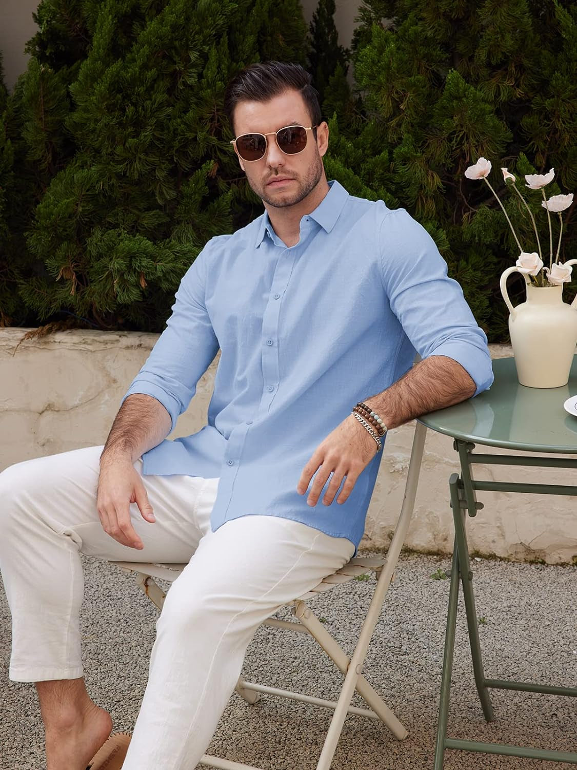 Elevate Your Summer Style with Our Men's Casual Long Sleeve Cotton Linen Button-Down Shirt in Blue