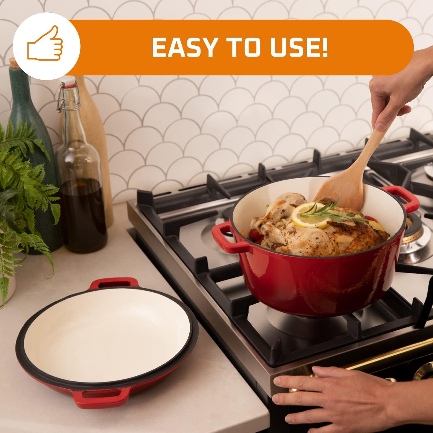 Discover the Ultimate 2-In-1 Pre-Seasoned Cast Iron Dutch Oven with Skillet Lid - 5 Qt Round Pot for Perfectly Baked Bread, Hearty Casseroles, and Flavorful Braised Dishes - Heavy Duty Enameled Cookware Set