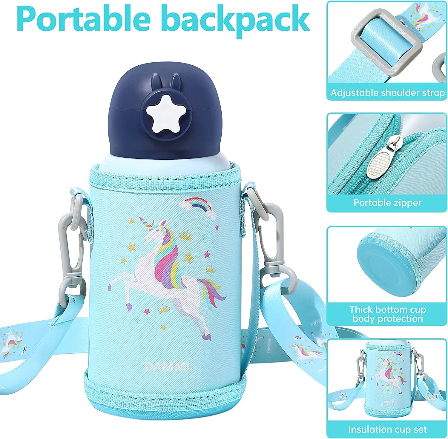 Charming Unicorn Insulated Water Bottle for Kids - Perfect for School and Travel, 17 Oz with Straw and Shoulder Strap