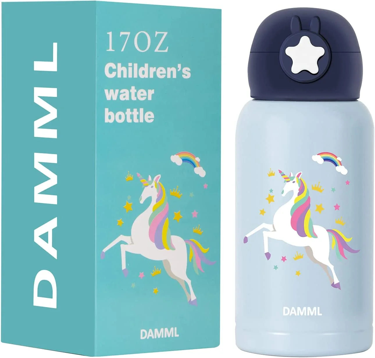 Charming Unicorn Insulated Water Bottle for Kids - Perfect for School and Travel, 17 Oz with Straw and Shoulder Strap