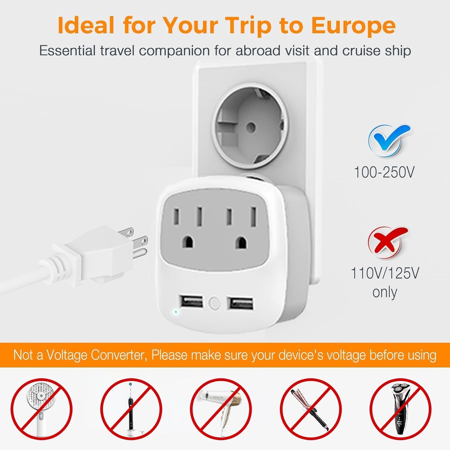 Ultimate European Travel Plug Adapter with Dual USB Ports - Perfect for US Travelers in Europe!