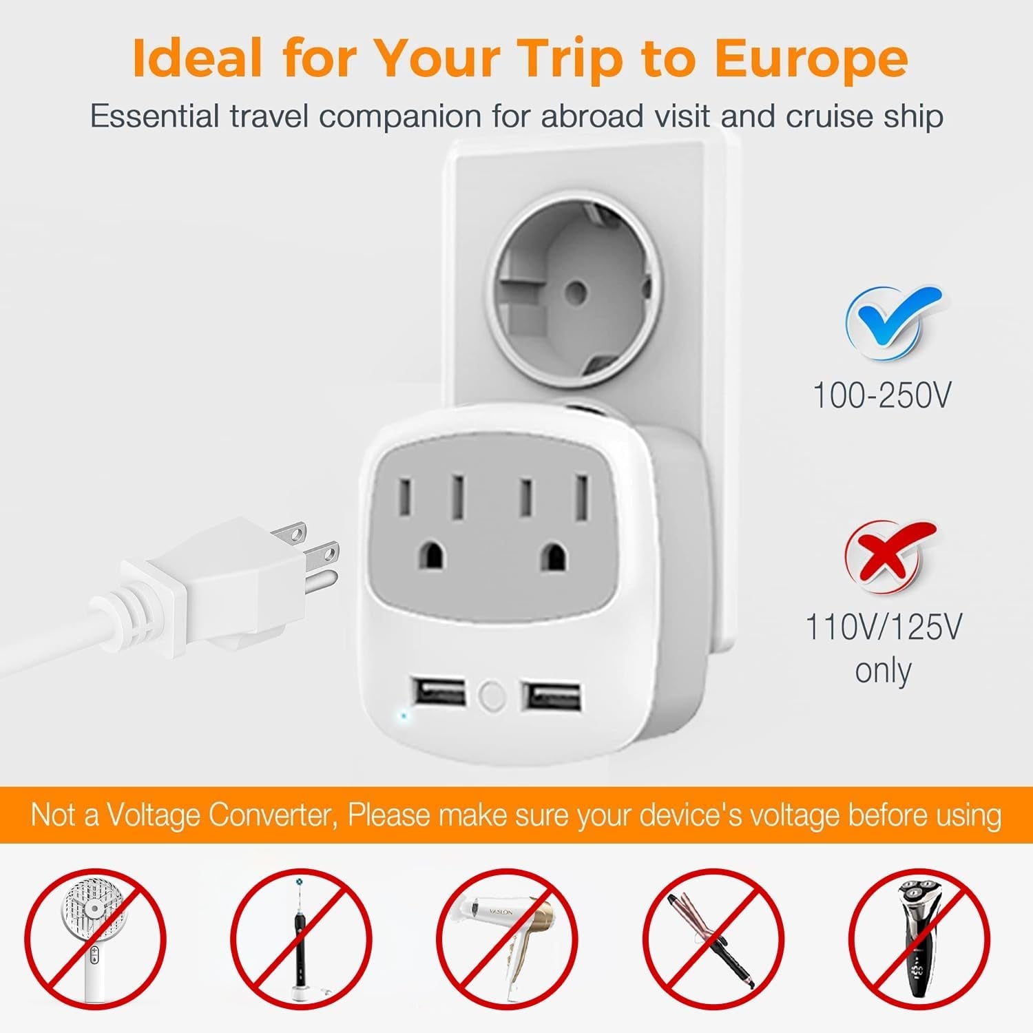 Ultimate European Travel Plug Adapter with Dual USB Ports - Perfect for US Travelers in Europe!