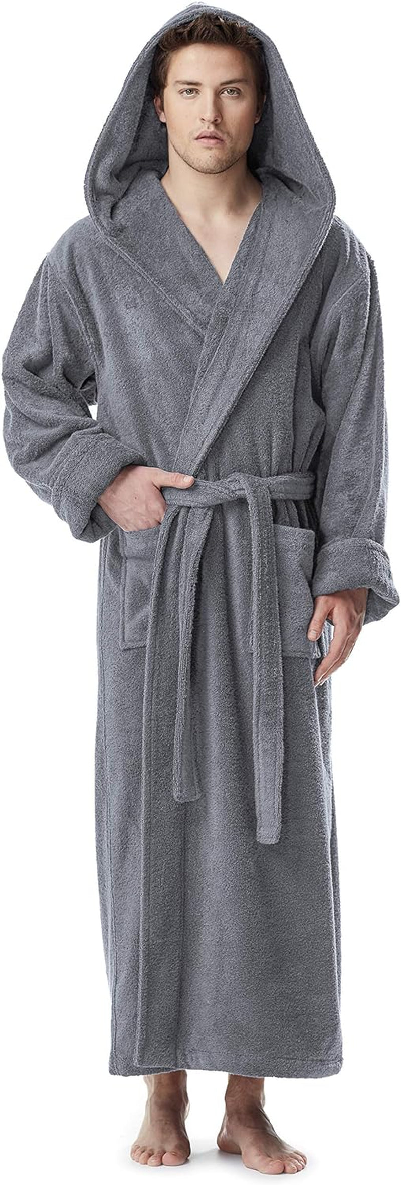 Luxurious Men's Hooded Turkish Cotton Bathrobe - Ankle Length Comfort in Gray