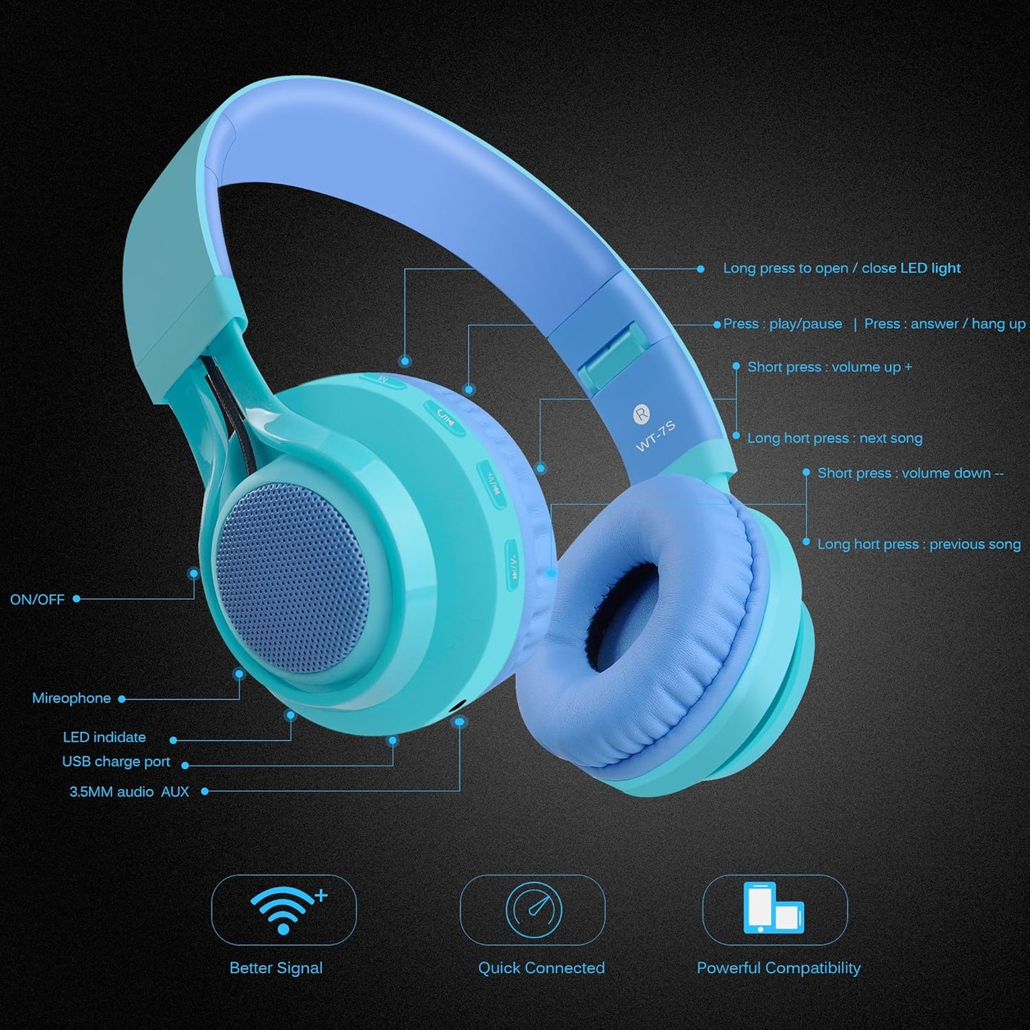 WT-7S Kids Bluetooth Headphones - Fun LED Light-Up Wireless Stereo Headset with Microphone & Volume Control for Ultimate Entertainment on PC, Tablet, TV & Travel (Blue)