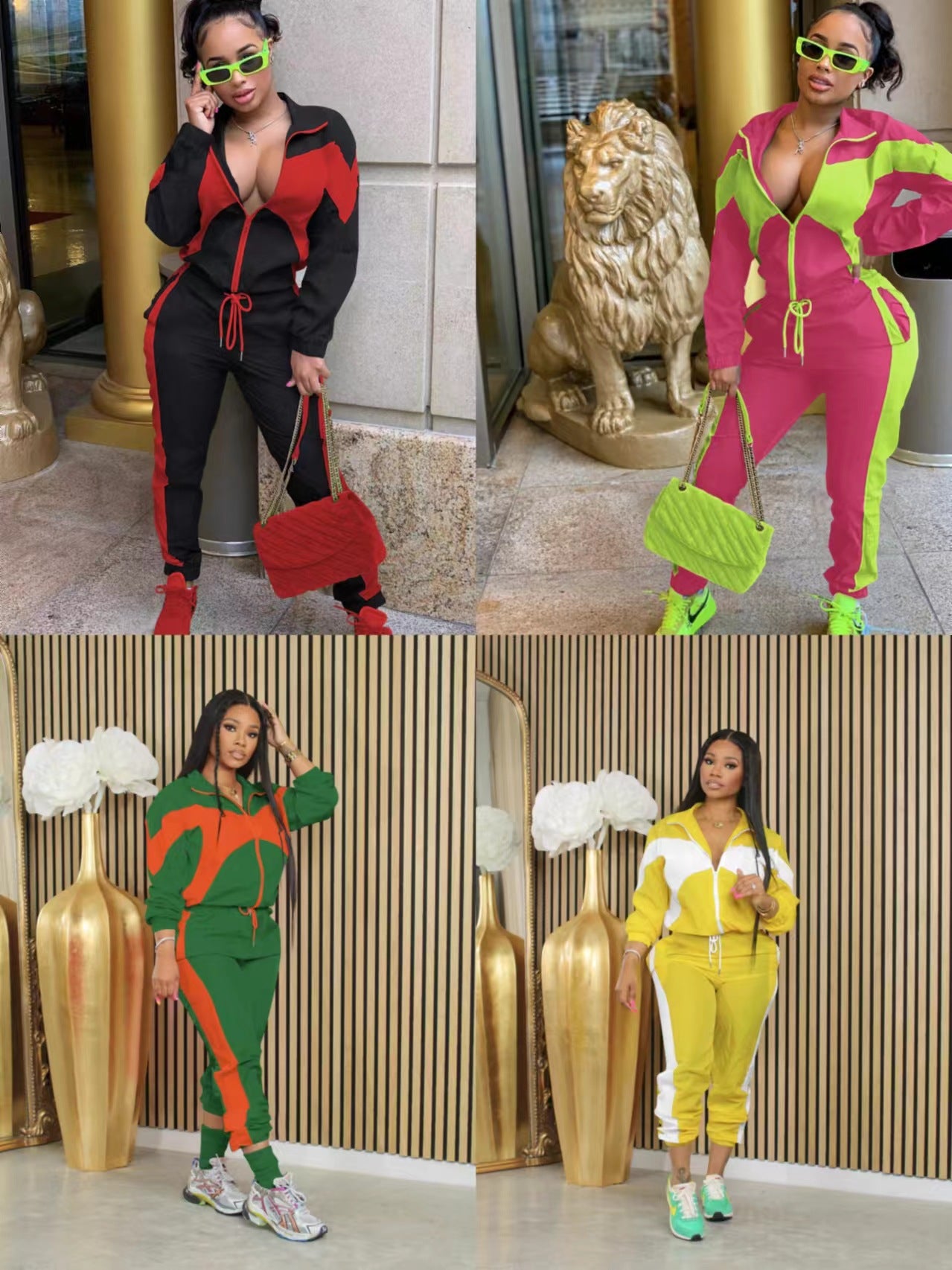 Women's Contrast Color Cardigan Pant Set