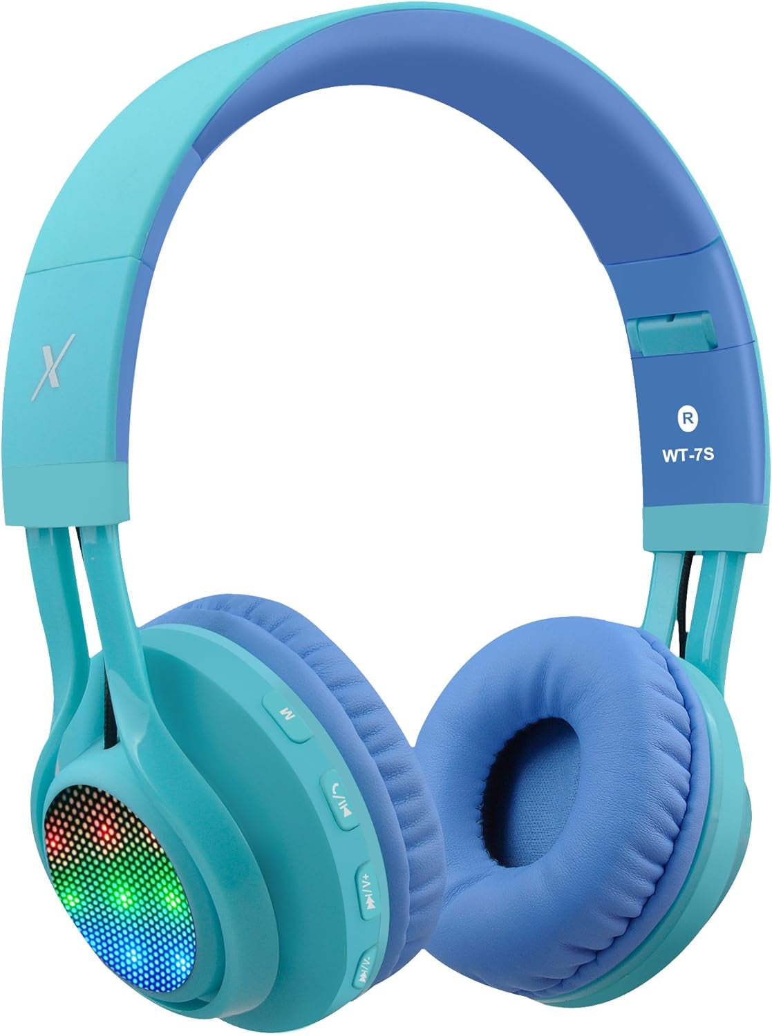 WT-7S Kids Bluetooth Headphones - Fun LED Light-Up Wireless Stereo Headset with Microphone & Volume Control for Ultimate Entertainment on PC, Tablet, TV & Travel (Blue)