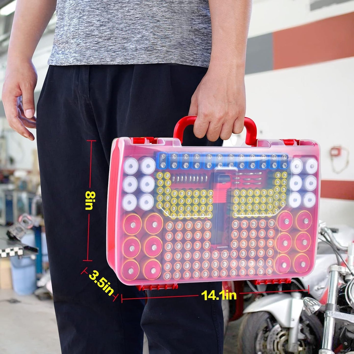 Battery Storage Organizer with Tester - 269 Battery Capacity, Double - Sided Holder for AA, AAA, 4A, C, D, 9V, 3V, Lithium, LR44, CR2, CR123, CR1632, 18650, and Button Cells - Red (Box Only) - Journey Must Haves