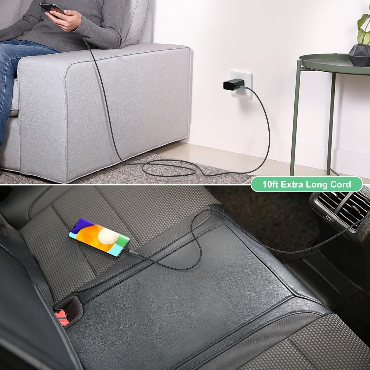 Dual Adaptive Fast Charging Wall Charger with 10Ft USB-C Cable - Perfect for Galaxy S25, S24, S23 Ultra, and More - 2 Pack, Black