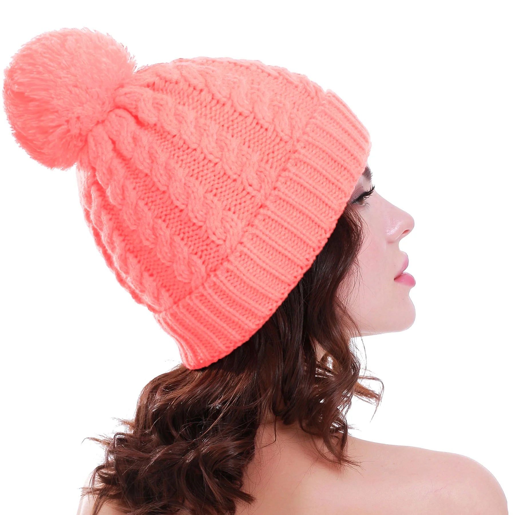 Cozy Up in Style: Women's Pink Winter Beanie with Plush Lining and Pom-Pom Detail