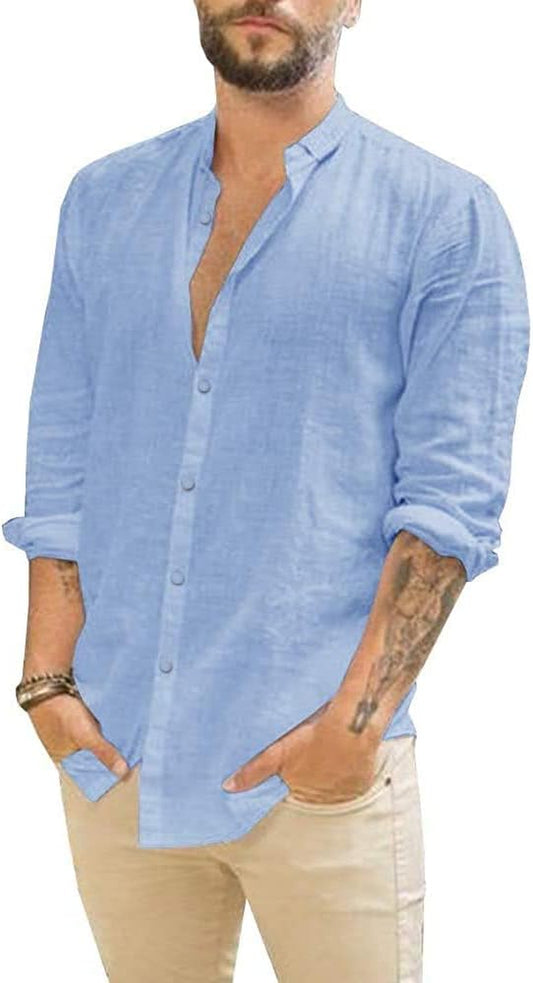 Elevate Your Summer Style with Our Men's Casual Long Sleeve Cotton Linen Button-Down Shirt in Blue