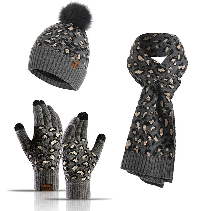 Print Knitted Hat Scarf Gloves Set
