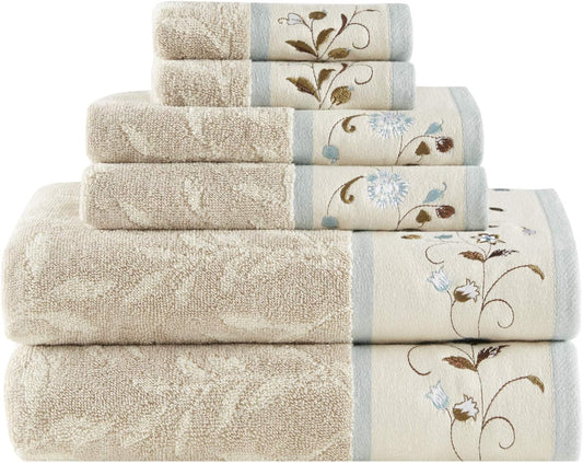 Indulge in Luxury with the Serene 6-Piece Embroidered Cotton Bath Towel Set - Soft, Highly Absorbent Floral Design in Cream and Blue