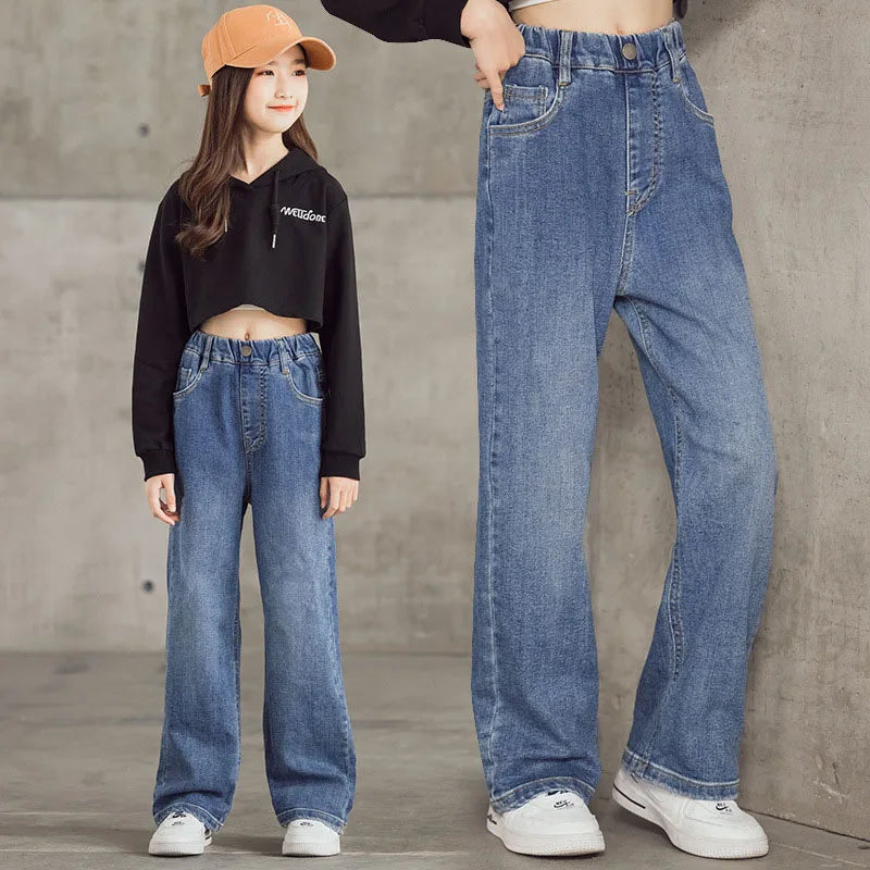 Chic Spring Denim Jeans for Girls Aged 3-9 - Stylish Wide Leg Trousers in Solid Color