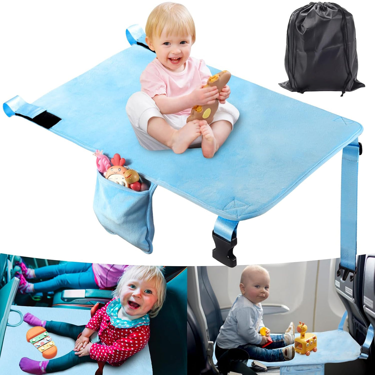 Toddler Airplane Bed, Portable Kids Airplane Seat Extender, Airplane Travel Essentials for Toddlers, Comfortable Footrest for Kids, Must-Have Toddler Travel Bed for Flights (Blue)