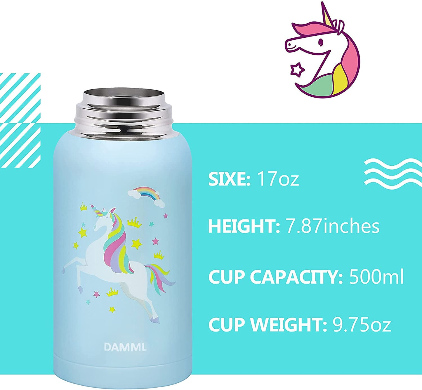 Charming Unicorn Insulated Water Bottle for Kids - Perfect for School and Travel, 17 Oz with Straw and Shoulder Strap - Journey Must Haves