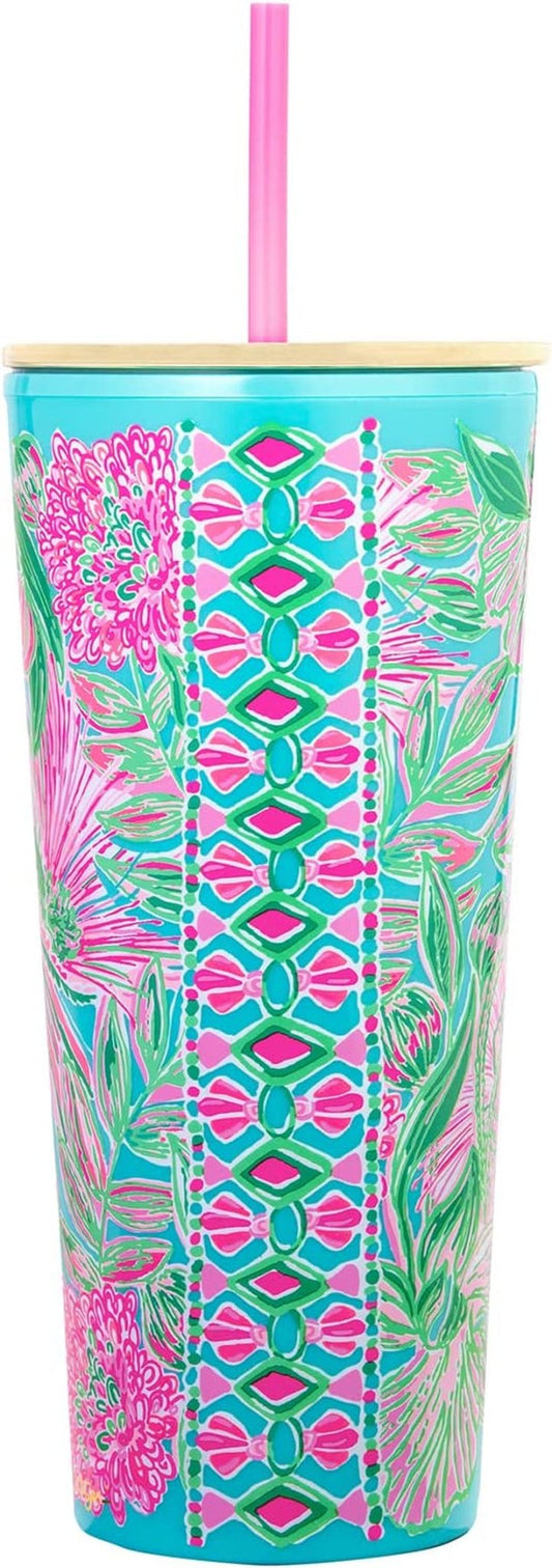 Chic Insulated Tumbler with Lid and Straw - 24 Oz Double Wall Travel Cup in Coming in Hot Floral Print - Journey Must Haves