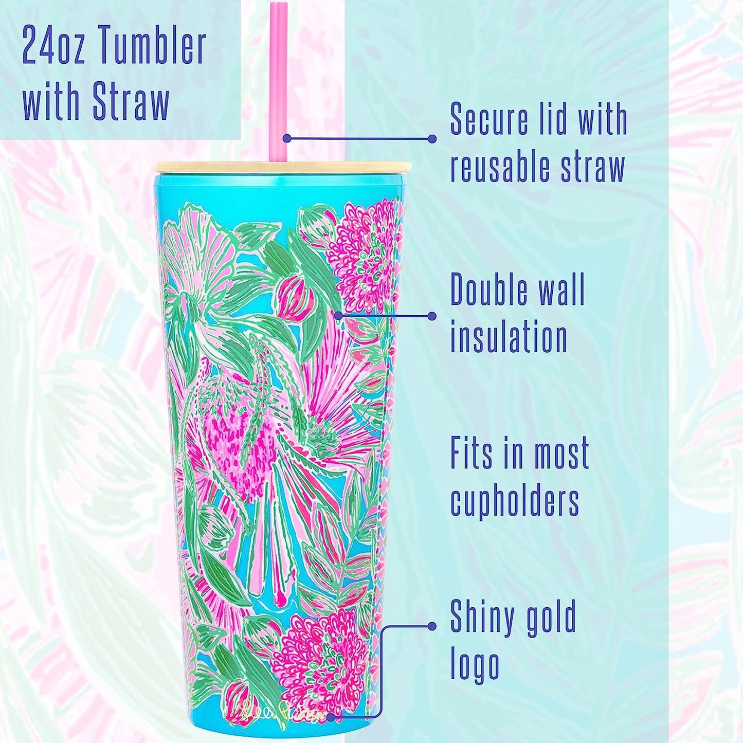 Chic Insulated Tumbler with Lid and Straw - 24 Oz Double Wall Travel Cup in Coming in Hot Floral Print - Journey Must Haves