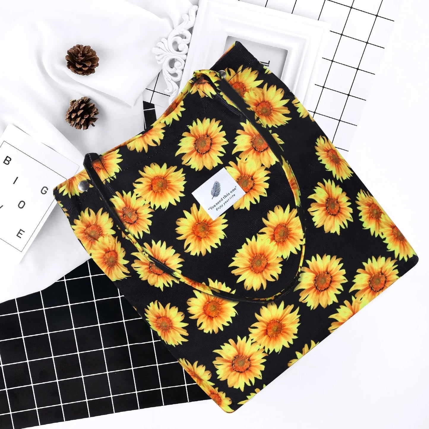 Corduroy Tote Bag for Women Girl Canvas Shoulder Cord Purse with Inner Pocket (Sunflowers) - Journey Must Haves
