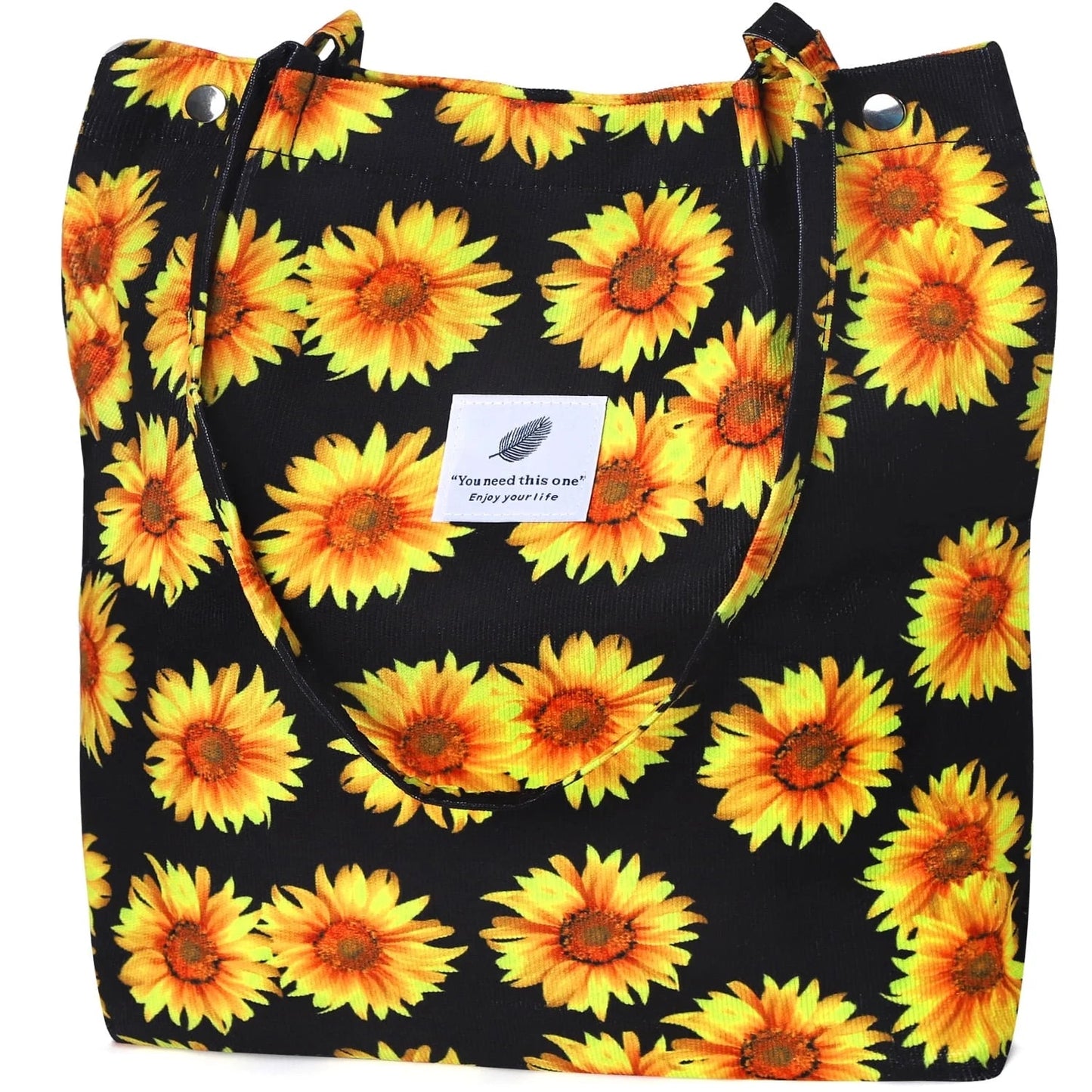 Corduroy Tote Bag for Women Girl Canvas Shoulder Cord Purse with Inner Pocket (Sunflowers) - Journey Must Haves