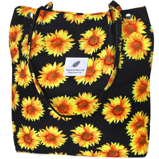 Corduroy Tote Bag for Women Girl Canvas Shoulder Cord Purse with Inner Pocket (Sunflowers) - Journey Must Haves