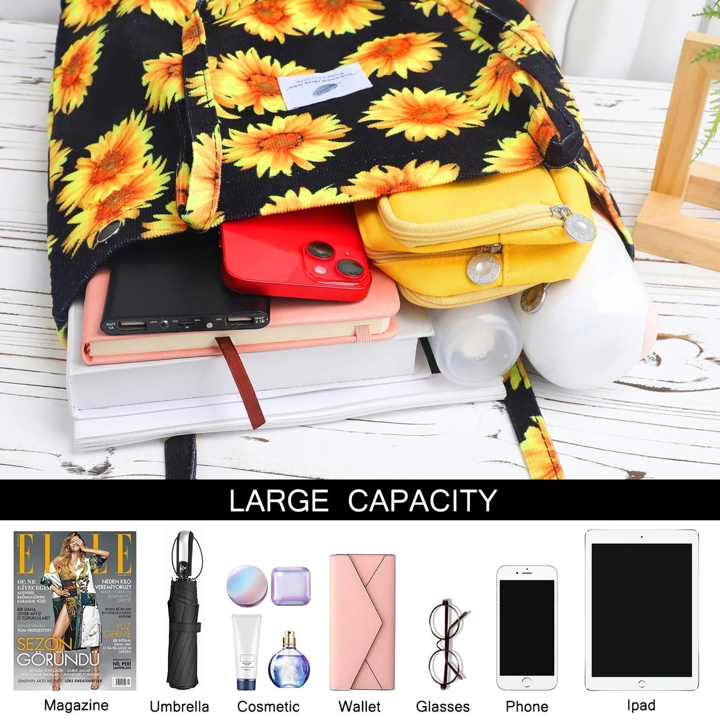 Corduroy Tote Bag for Women Girl Canvas Shoulder Cord Purse with Inner Pocket (Sunflowers) - Journey Must Haves