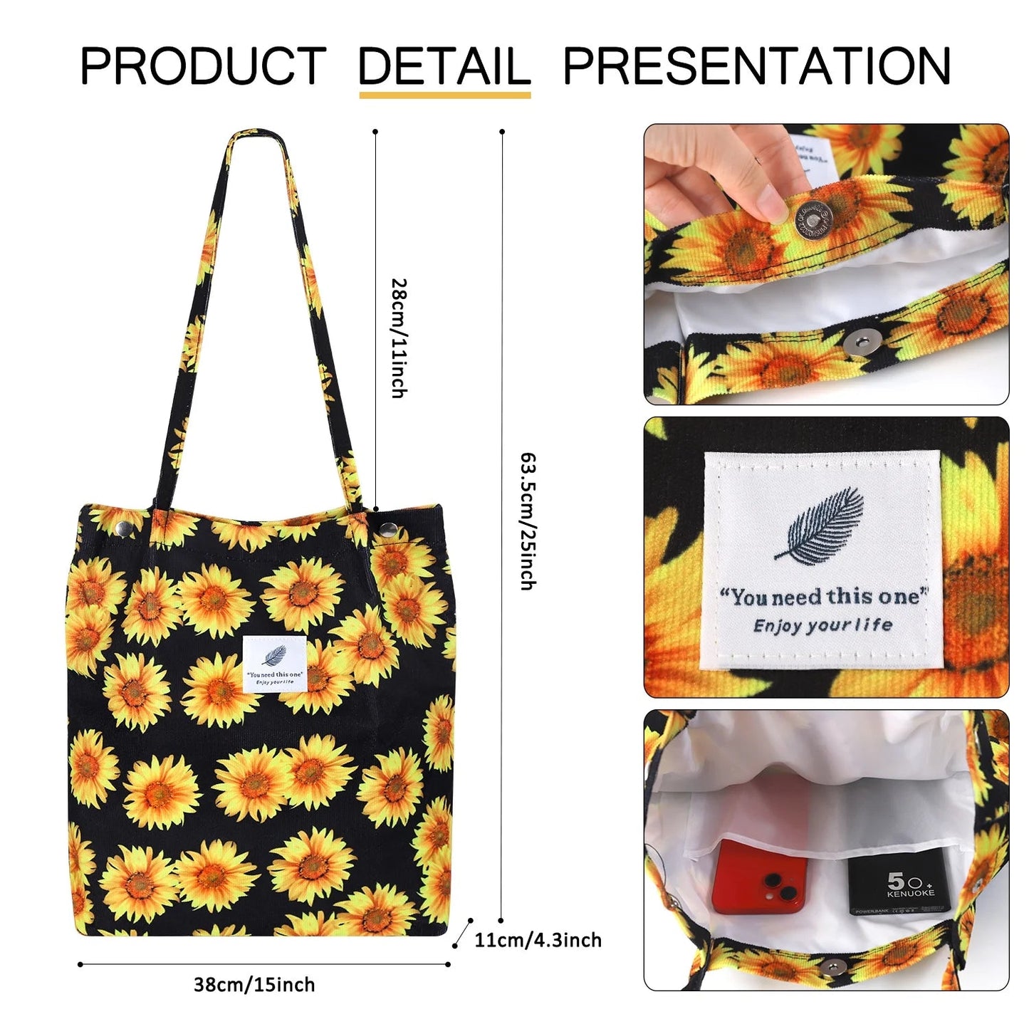Corduroy Tote Bag for Women Girl Canvas Shoulder Cord Purse with Inner Pocket (Sunflowers) - Journey Must Haves