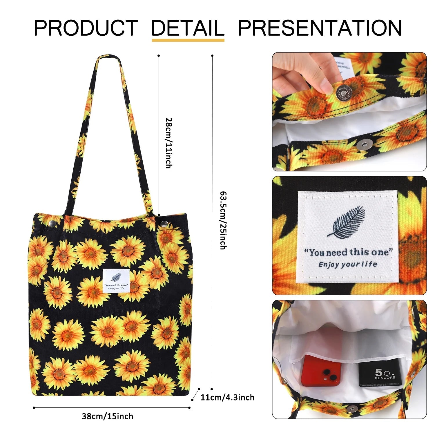 Corduroy Tote Bag for Women Girl Canvas Shoulder Cord Purse with Inner Pocket (Sunflowers) - Journey Must Haves