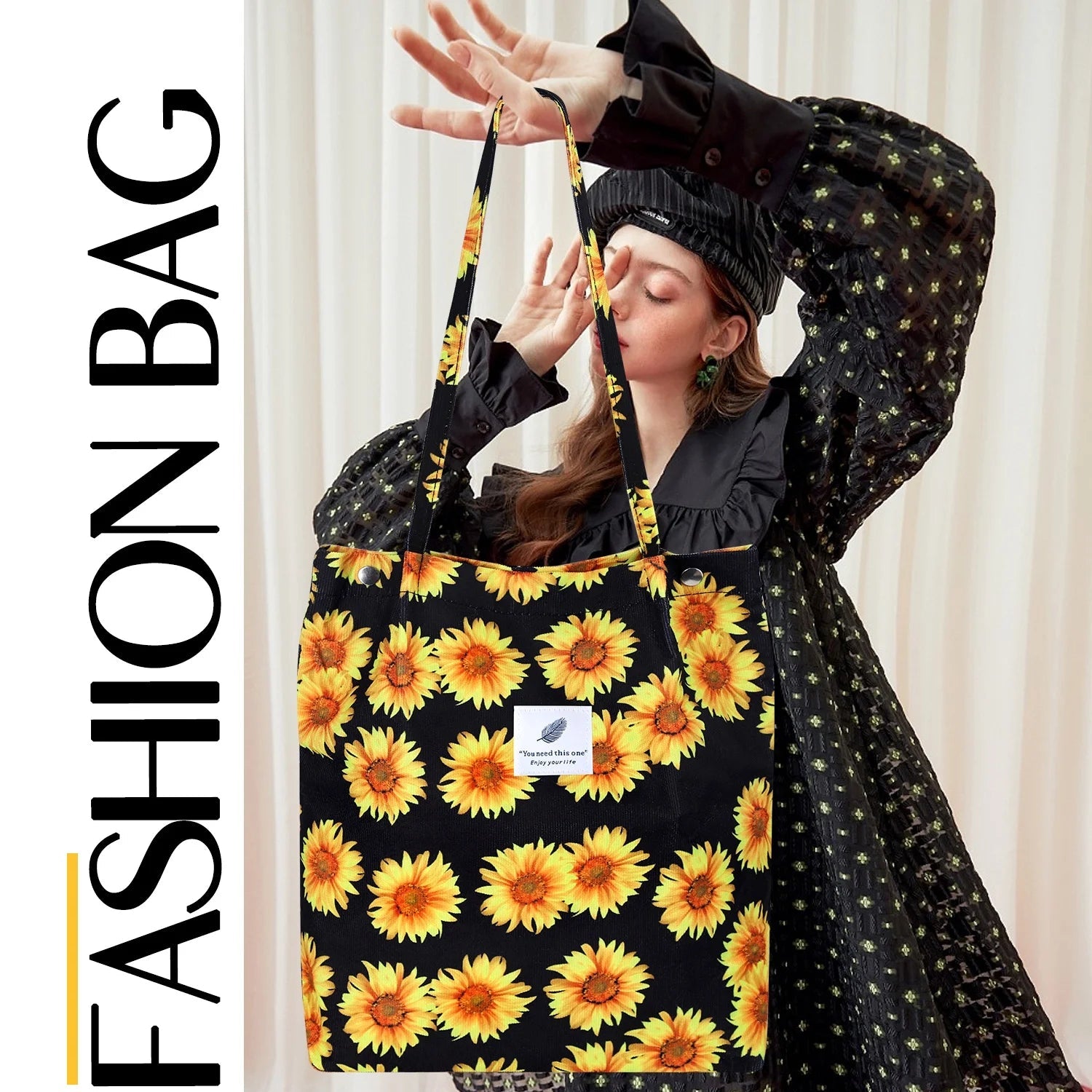 Corduroy Tote Bag for Women Girl Canvas Shoulder Cord Purse with Inner Pocket (Sunflowers) - Journey Must Haves