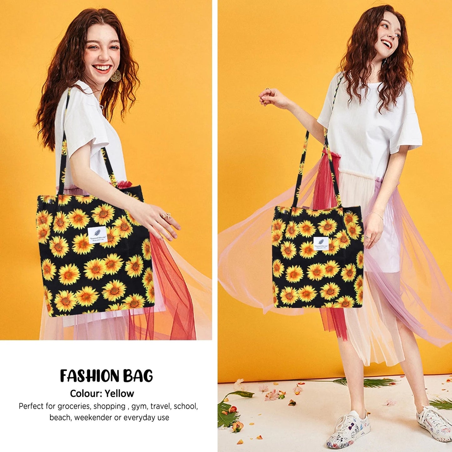Corduroy Tote Bag for Women Girl Canvas Shoulder Cord Purse with Inner Pocket (Sunflowers) - Journey Must Haves