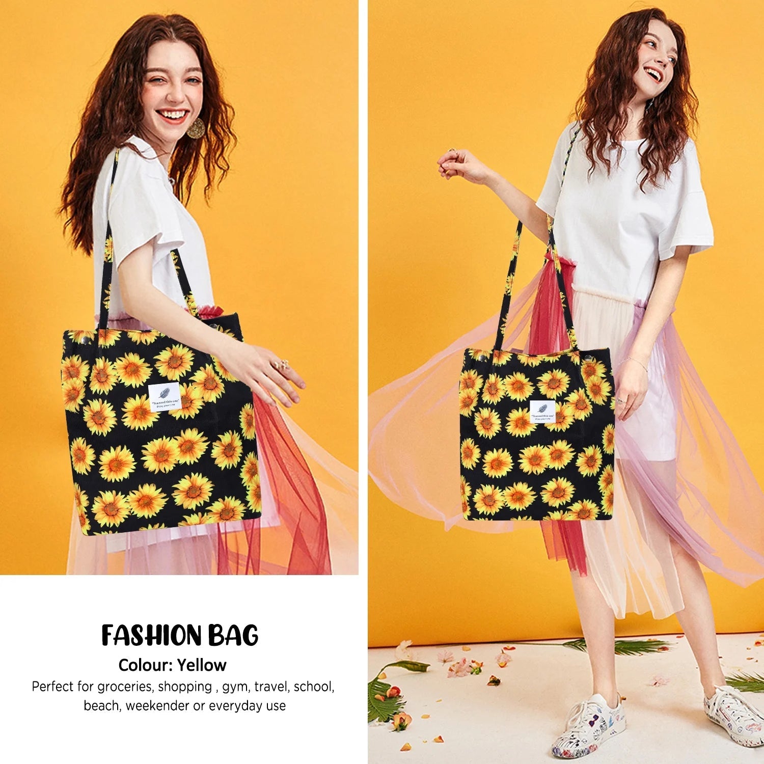 Corduroy Tote Bag for Women Girl Canvas Shoulder Cord Purse with Inner Pocket (Sunflowers) - Journey Must Haves
