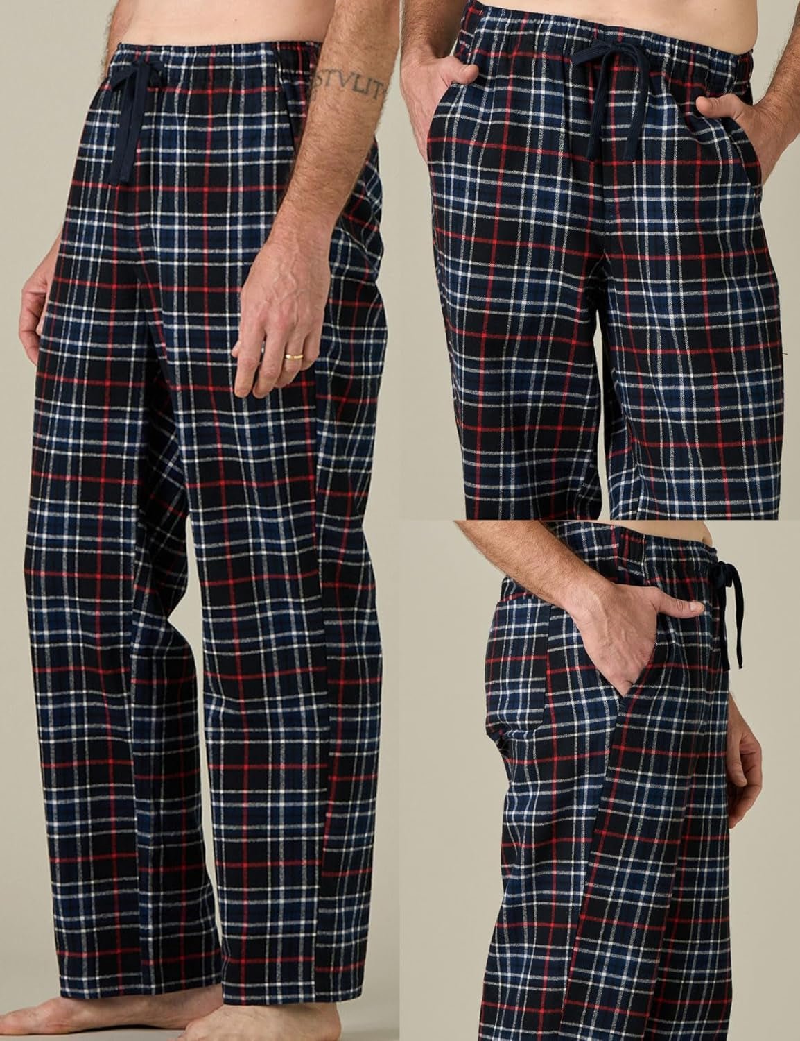 Cozy Up in Style with Our Men's Cotton Flannel Pajama Pants - Navy Blue and Red Plaid with Drawstring and Pockets - Journey Must Haves