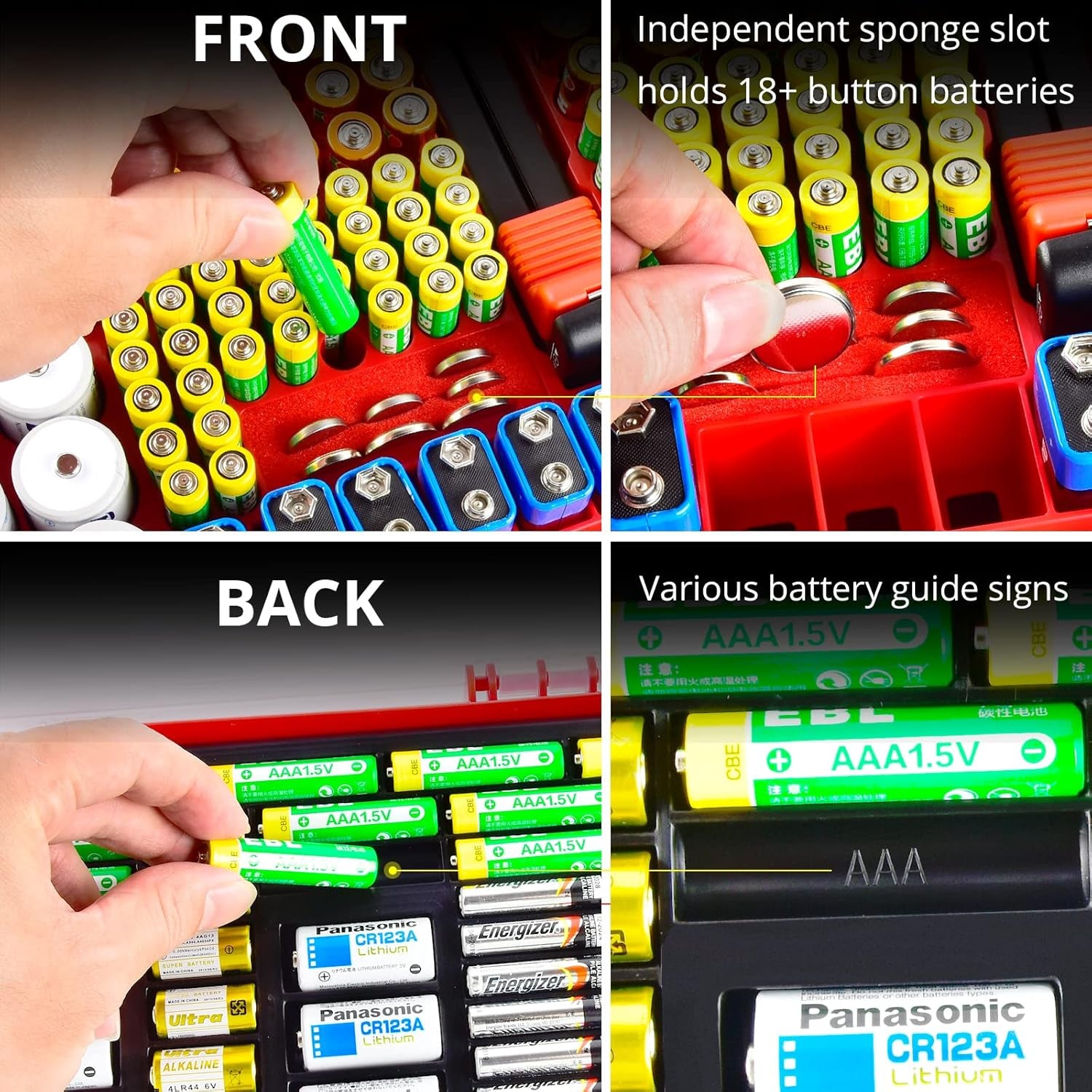 Battery Storage Organizer with Tester - 269 Battery Capacity, Double-Sided Holder for AA, AAA, 4A, C, D, 9V, 3V, Lithium, LR44, CR2, CR123, CR1632, 18650, and Button Cells - Red (Box Only)
