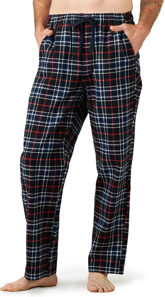 Cozy Up in Style with Our Men's Cotton Flannel Pajama Pants - Navy Blue and Red Plaid with Drawstring and Pockets