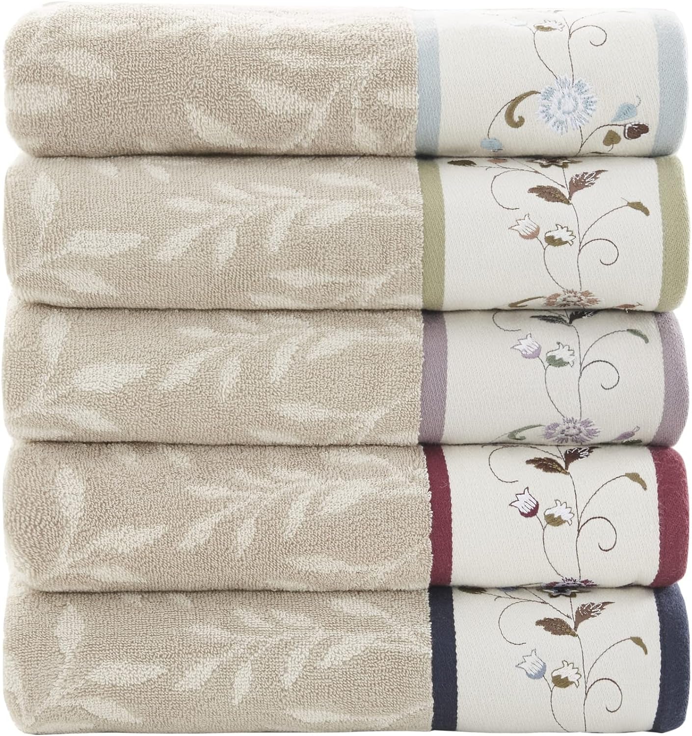 Indulge in Luxury with the Serene 6-Piece Embroidered Cotton Bath Towel Set - Soft, Highly Absorbent Floral Design in Cream and Blue