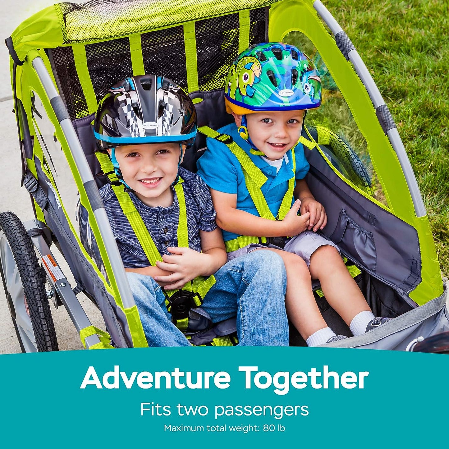 Adventure Awaits: Quick-N-EZ Double Tow Behind Bike Trailer for Toddlers & Kids - Converts to Stroller & Jogger with 2-in-1 Canopy, Universal Bicycle Coupler, and Folding Frame in Vibrant Colors