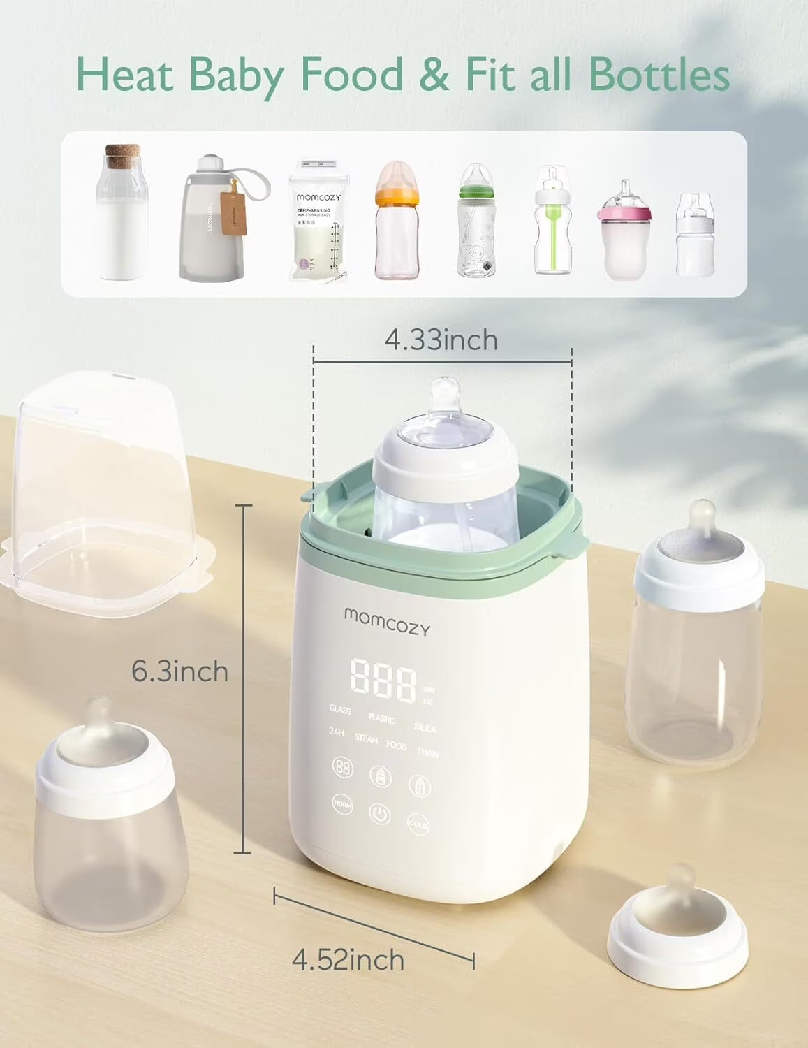 Baby Bottle Warmer, 6-In-1 Baby Milk Warmer with Smart Temperature Control, Breastmilk Warmer, Fast Baby Food Heater, Steam Sterilizer