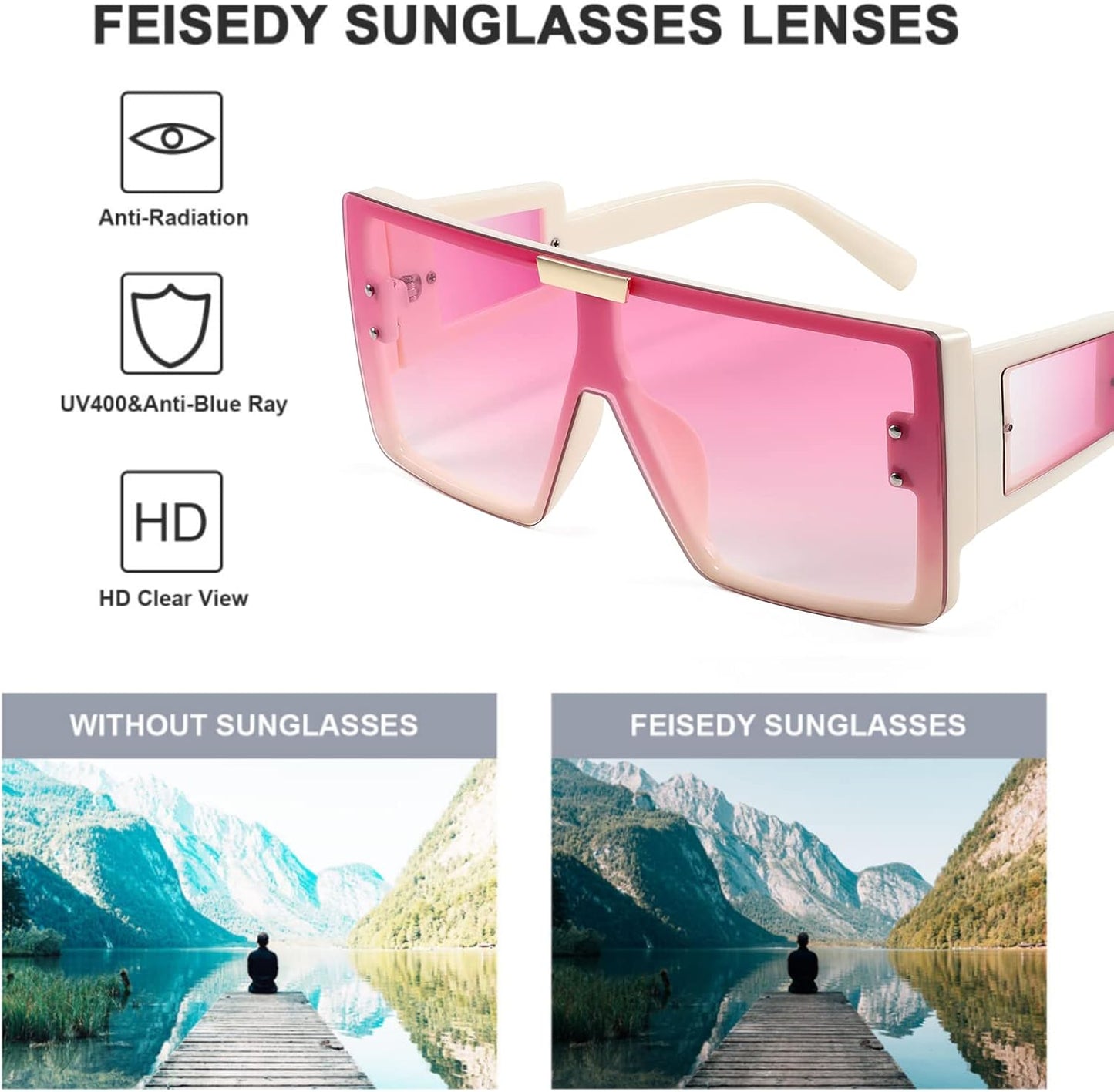 Elevate Your Style with FEISEDY Square Oversized Flat Top Sunglasses - Unisex with Integrated Side Lenses