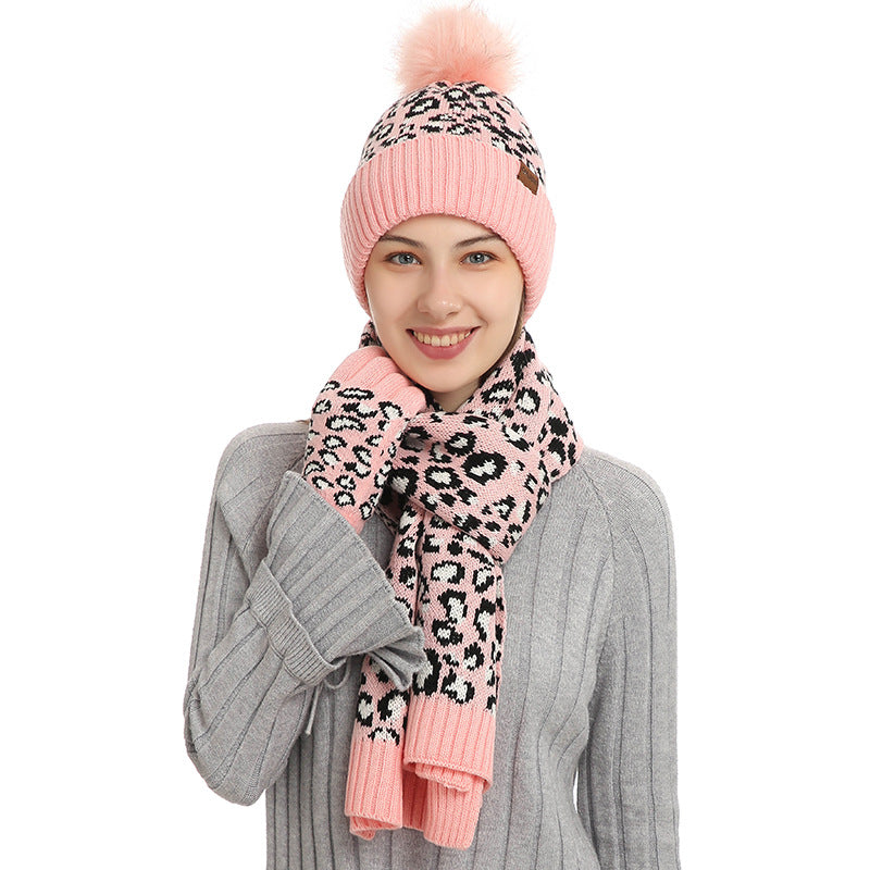Print Knitted Hat Scarf Gloves Set