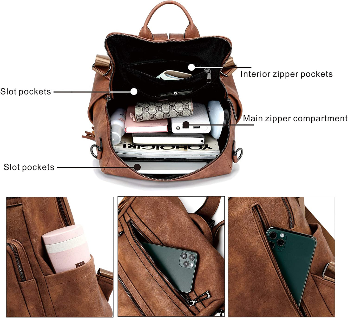 Stylish Leather Backpack Purse for Women - Fashionable Tassel Design, Versatile Large Capacity Travel Bag