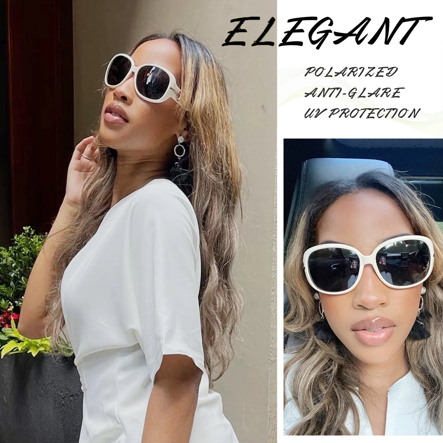 Trendy Oversized Polarized Sunglasses for Women with Sparkling Diamond Frame - Ultimate UV Protection in Light Beige