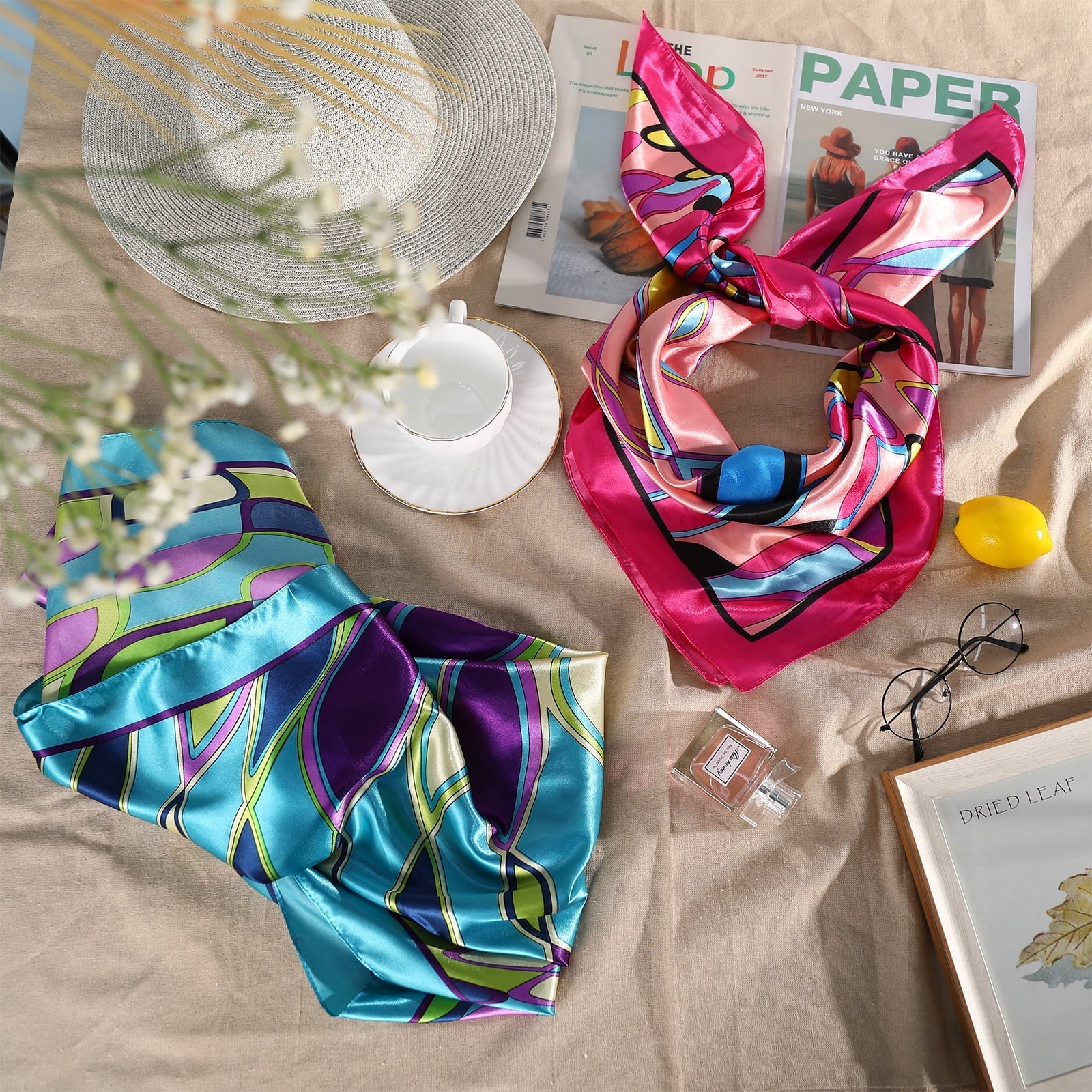 Elegant 35" Satin Square Head Scarves - Set of 2 Silk Floral Hair Bandanas for Women - Journey Must Haves