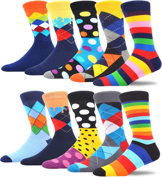 Elevate Your Style with Our Men's Funky Fun Colorful Crew Socks - 10 Assorted Patterns (Sock Size: 10 - 13 | Shoe Size: 6 - 12) - 10 Pairs of Novelty Socks! - Journey Must Haves